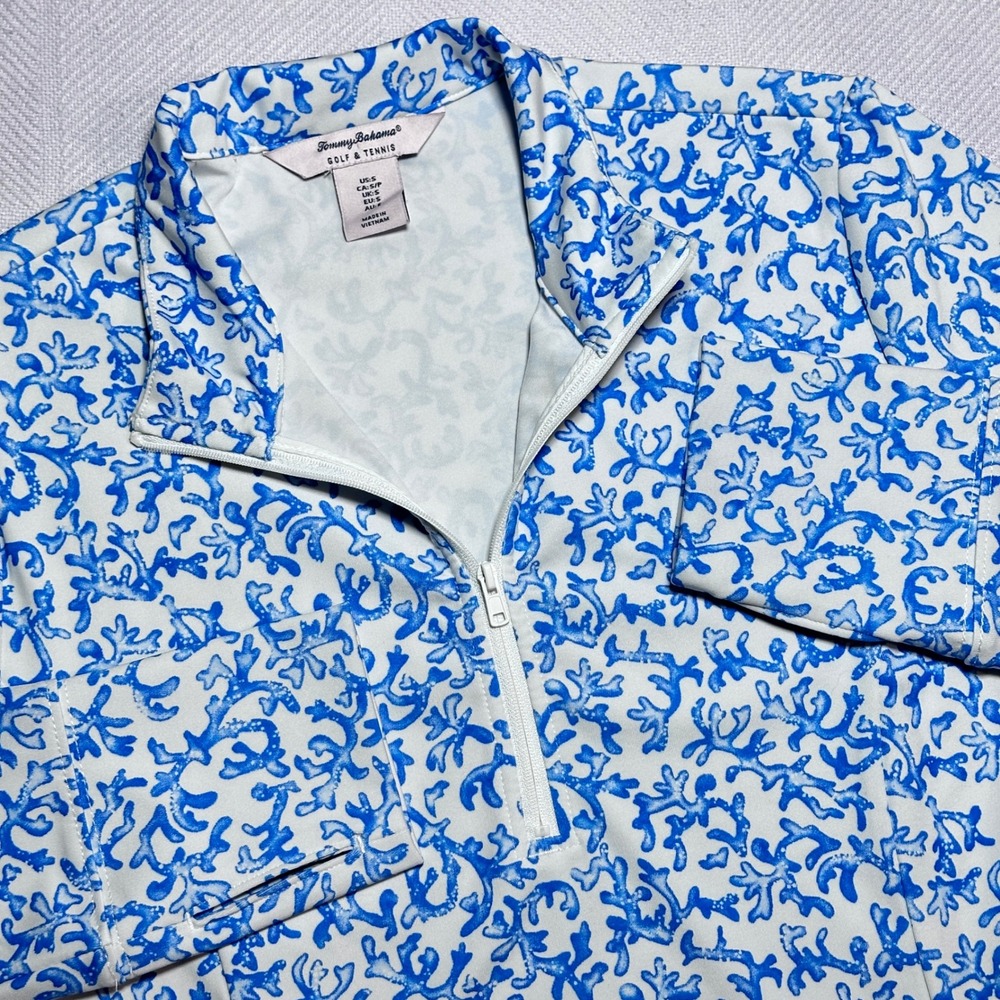 Tommy Bahama 1/4 Zip Pullover Womens Small Coral Print Blue White Mock Neck